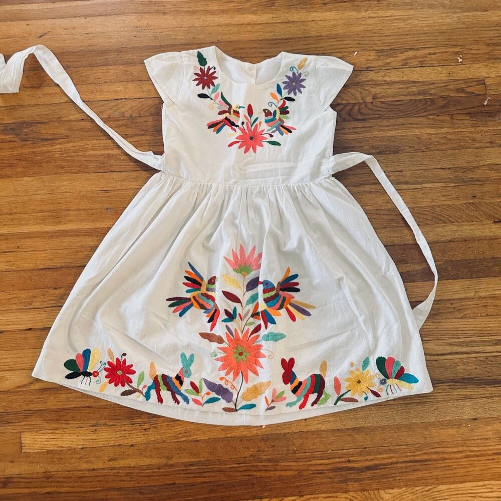 Handmade Mexican Otomi Tenango Embroidered Girls Dress Hummingbird Floral